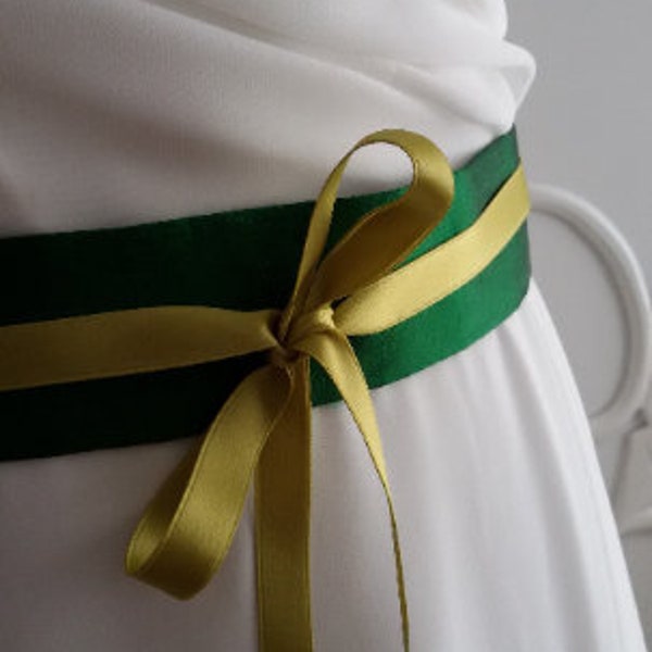 Simple dark green narrow silk belt for the bride