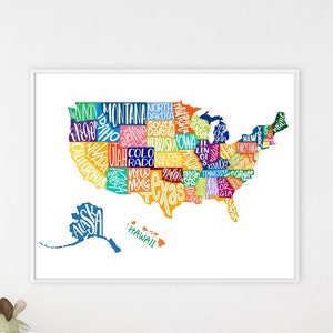 USA Map - Colorful United States of America Map, Usa Map Print, USA Poster for Kids, United States Map, Illustrated USA Map for Kids