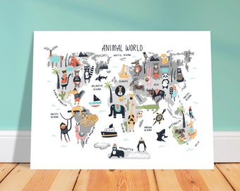 Kids World Map - Animal World Map, World Map Print, World Map Poster for Kids, Animal Illustrated Map for Kids Rooms, Kids Classroom wall