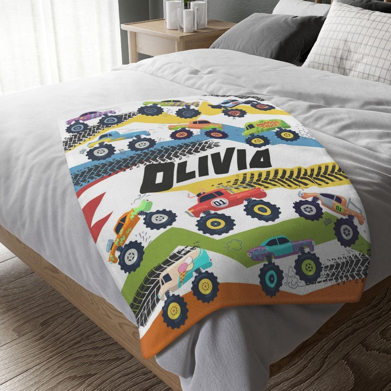 name blanket, custom blanket, personalized blanket, trucks birthday	monster jam	monster trucks party	monster truck gift, monster truck party	boys birthday, 1 year old gift, 3 year old, gift	monster trucks, customizable blanket