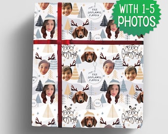 Custom Christmas Wrapping Paper, with 1-5 photos/faces, Custom wrapping paper for pets & whole family, personalized gift wrap roll for Xmas
