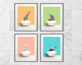 Kids Bathroom Art - Children's Bath room prints, Set of 4 Digital Bathroom signs, for kids bathroom wall decor - Bathroom art posters