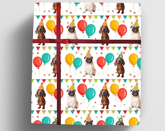 May include: White wrapping paper with a repeating pattern of pugs and dachshunds wearing party hats and holding balloons. The pattern is in shades of red, yellow, blue, and green.
