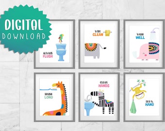 Kids Bathroom Art - Children's Bath room prints, Set of 6 Digital Bathroom signs, kids bathroom decor - Kids Bathroom Signs, Safari Animals