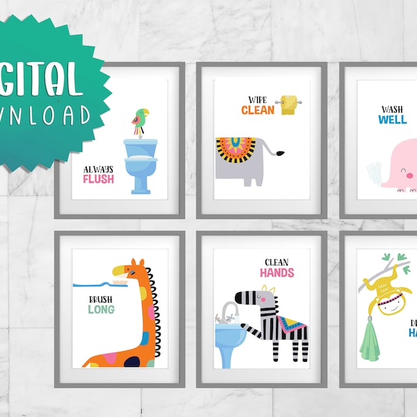 Kids Bathroom Art - Children's Bath room prints, Set of 6 Digital Bathroom signs, kids bathroom decor - Kids Bathroom Signs, Safari Animals