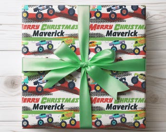 Monster Truck Gift Wrap - Custom Wrapping Paper Rolls -  Personalized Monster Truck Birthday Gift wrap or Christmas Wrapping paper with Name