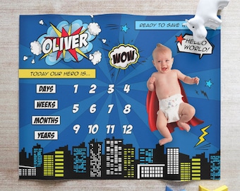 Milestone Blanket - Baby Growth Blanket, Superhero Blanket, Superhero Nursery, Personalized Baby Blanket - Monthly Baby Blanket - with name