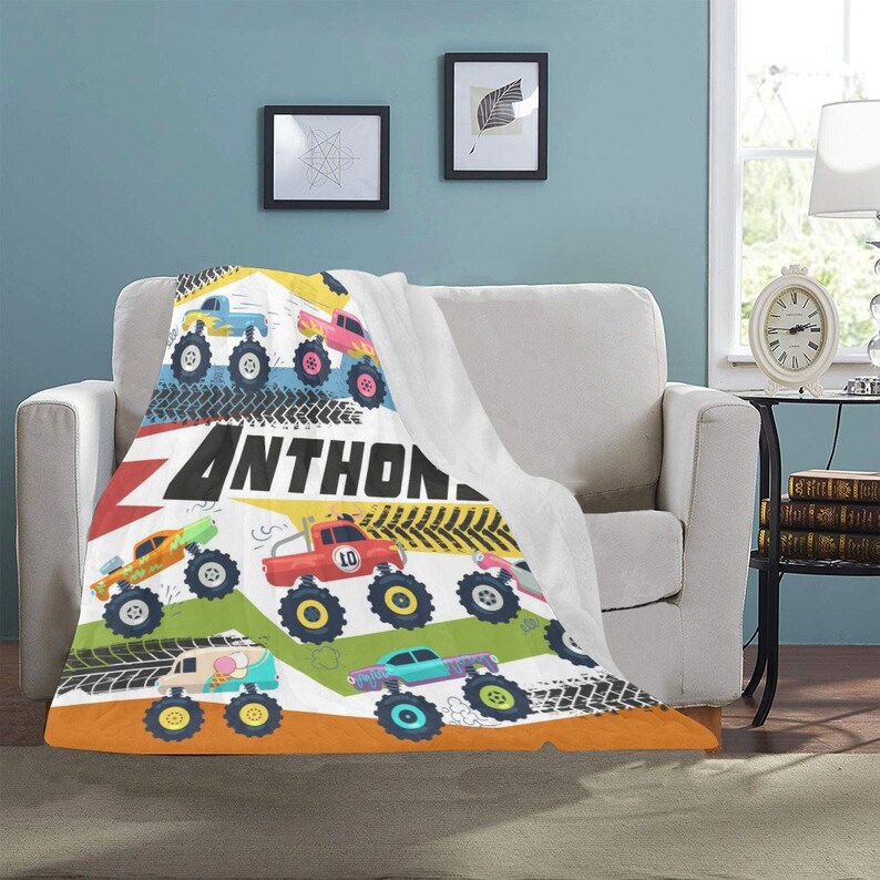 name blanket, custom blanket, personalized blanket, trucks birthday	monster jam	monster trucks party	monster truck gift, monster truck party	boys birthday, 1 year old gift, 3 year old, gift	monster trucks, customizable blanket