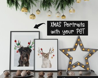 May include: Two framed pet portraits with Christmas antler decorations, a black dog and a cat. The image also features a decorative star with lights, pine cones, and the text "XMAS Portraits with your PET" and "Various Designs".