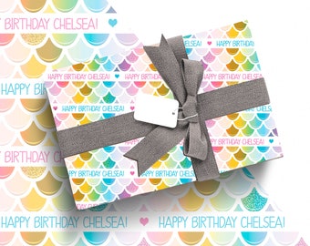 Mermaid Gift Wrap with name - Mermaid Gift Wrap - Custom Wrapping Paper Rolls - Custom Gift Wrap Mermaids - Rainbow Gift Wrap with name