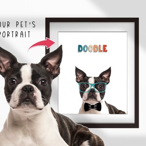 May include: A framed illustration of a Boston Terrier wearing blue glasses and a black bow tie. The text "DOODLE" is written in colourful letters above the dog.