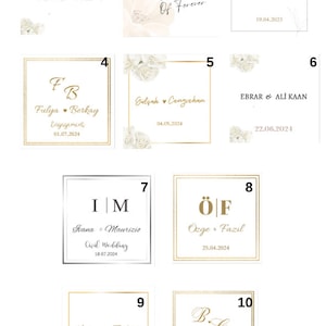 May include: Ten gold-framed cards with white backgrounds and floral accents. Each card features a couple's names, initials, and a date. The dates range from April to June 2024.