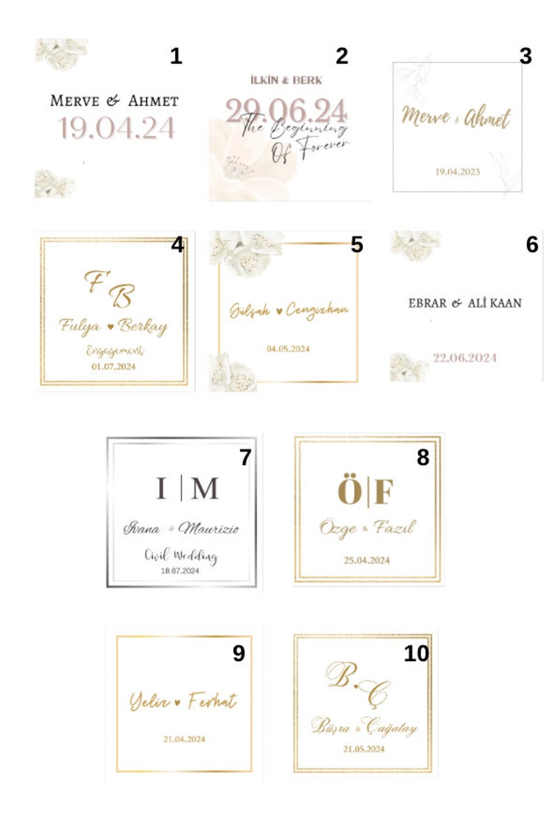 May include: Ten gold-framed cards with white backgrounds and floral accents. Each card features a couple's names, initials, and a date. The dates range from April to June 2024.