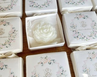 Candle Wedding Favor, Boxed Peony Flower With Personalized Label in Bulk