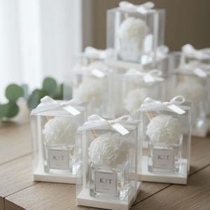 Bomboniere personalizzate con diffusore di bastoncini – Etichette personalizzate all'ingrosso, decorazione floreale bianca