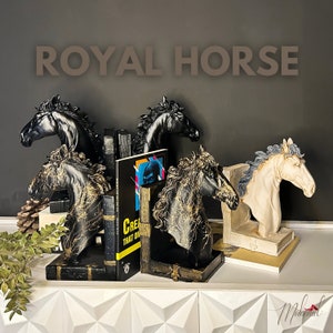 Royal horse (13.40 inch, handmade book holder, decorative horse statue, office sculpture, black, white) Mukemel Designs -STB0005/6