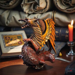 Flame bound Sentinel - Handcrafted Dragon Sculpture with Golden Wings - Unique Fantasy Décor, Mythical Creature Art- Mukemel Original design