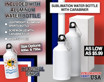 600ml or 750 ml Sports Water Bottle with Carabiner Clip - Aluminum Sublimation Blank with White Sublimatable Polymer Coating