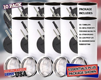 Pack of 10 STRAIGHT (No Taper) 15 oz, 20 oz or 30 oz Blank Sublimation Skinny Tumblers With Metal Straws, Leak-proof Lids, and Templates.