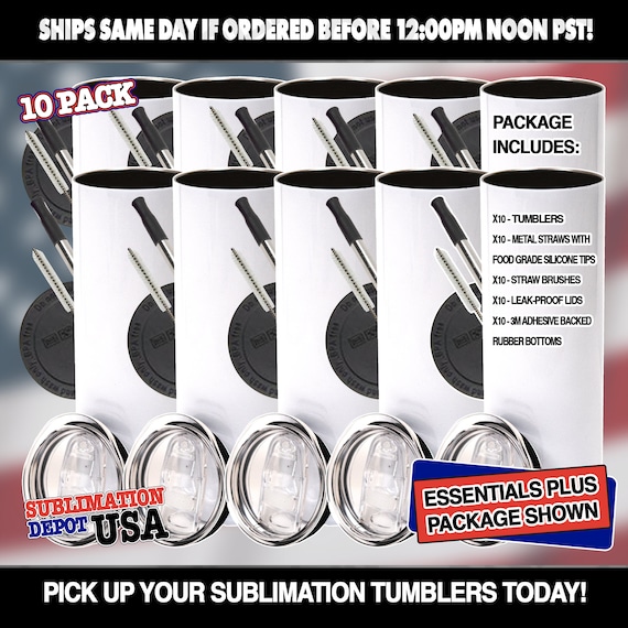 Pack of 10 STRAIGHT (No Taper) 15 oz, 20 oz or 30 oz Blank Sublimation Skinny Tumblers With Metal Straws, Leak-proof Lids, and Templates.