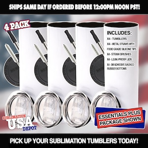 May include: A set of four white sublimation tumblers with lids and metal straws. The tumblers are arranged in a row with the lids and straws in front of them. The text "4 PACK" is in the upper left corner of the image. The text "INCLUDES: X4-TUMBLERS X4-METAL STRAWS WITH FOOD GRADE SILICONE TIPS X4-STRAW BRUSHES X4-LEAK-PROOF LIDS X4-3M ADHESIVE BACKED RUBBER BOTTOMS" is in the upper right corner of the image. The text "ESSENTIALS PLUS PACKAGE SHOWN" is in the lower right corner of the image. The text "SUBLIMATION USA DEPOT" is in the lower left corner of the image. The text "PICK UP YOUR SUBLIMATION TUMBLERS TODAY!" is at the bottom of the image.