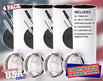 Sublimation Tumblers: Pack of 4 - 15oz, 20oz or 30oz STRAIGHT (No Taper) Blank Sublimation Skinny Tumblers With Metal Straws, Leak-proof Lid