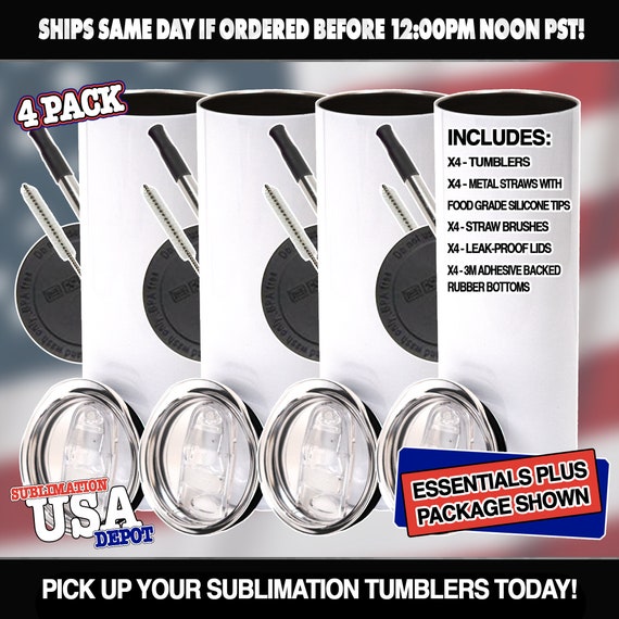 Sublimation Tumblers: Pack of 4 - 15oz, 20oz or 30oz STRAIGHT (No Taper) Blank Sublimation Skinny Tumblers With Metal Straws, Leak-proof Lid