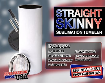 STRAIGHT (No Taper) 15oz, 20oz or 30oz Blank Sublimation Skinny Tumblers With Metal Straws, Leak-proof Lids, and Templates.