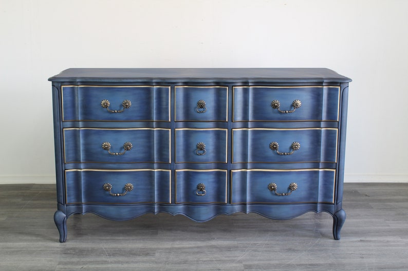 Vintage French Provincial Blue Dresser of Nine Drawers Etsy