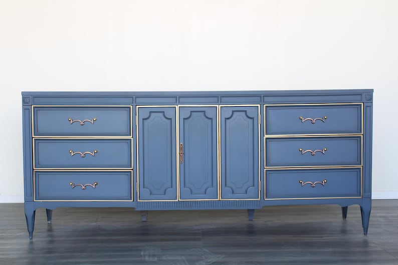 Mid Century Blue Gray Dresser of Nine Drawers Etsy