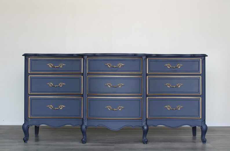 Vintage French Style Navy Blue Dresser of Nine Drawers Etsy