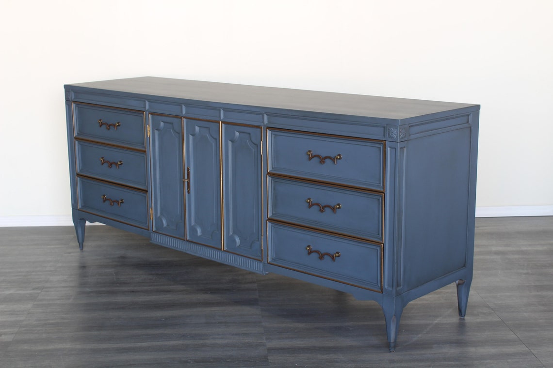 Mid Century Blue Gray Dresser of Nine Drawers Etsy