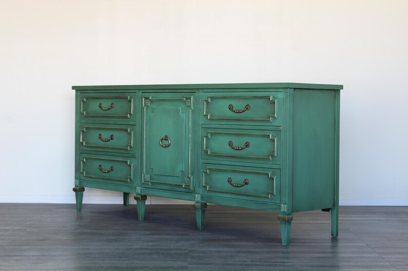 Mid Century Green and Gold Dresser of Nine Drawers Etsy