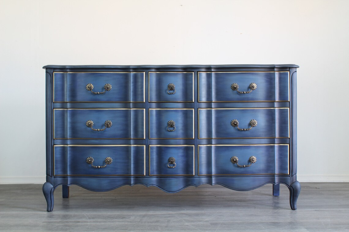 Vintage French Provincial Blue Dresser of Nine Drawers Etsy