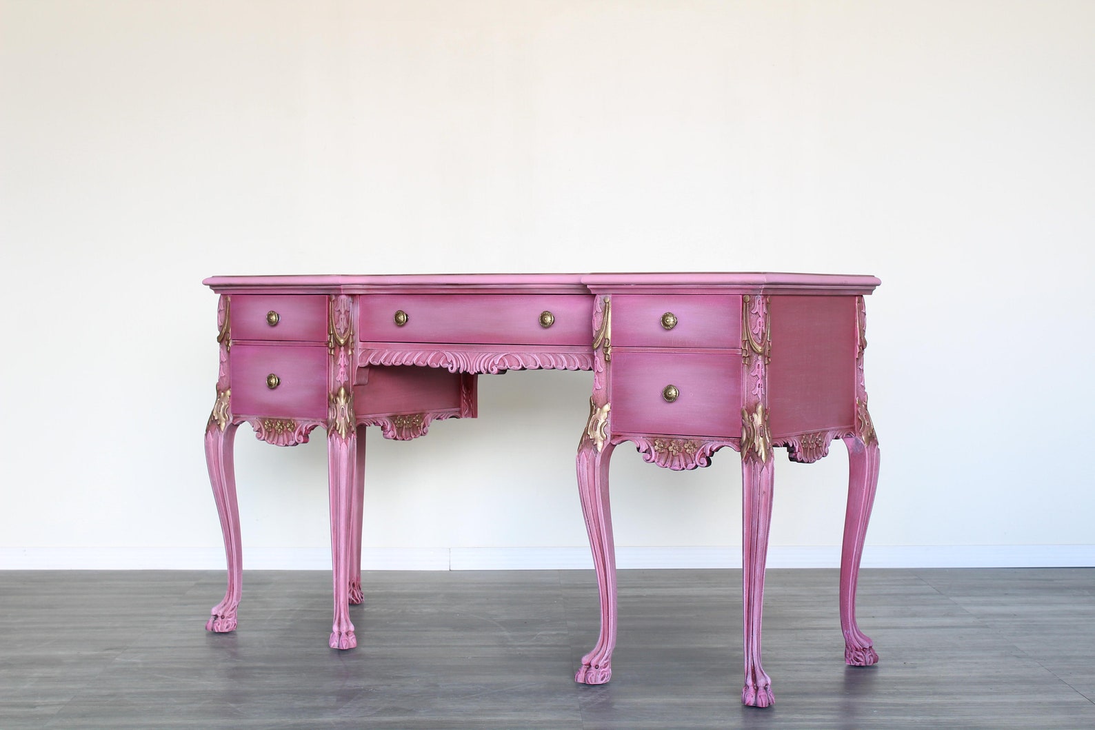 Vintage Style Pink Writing Desk of Five Drawers Etsy