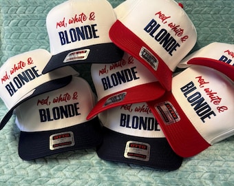 trucker hat RED WHITE & BLONDE embroidery, patriotic American cowboy snapback