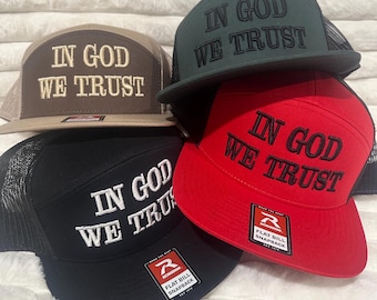 in GOD WE TRUST embroidered 7 panel snapback, republican, Jesus, Trump, make America great again, red white blue, Camo trucker hat, unisex