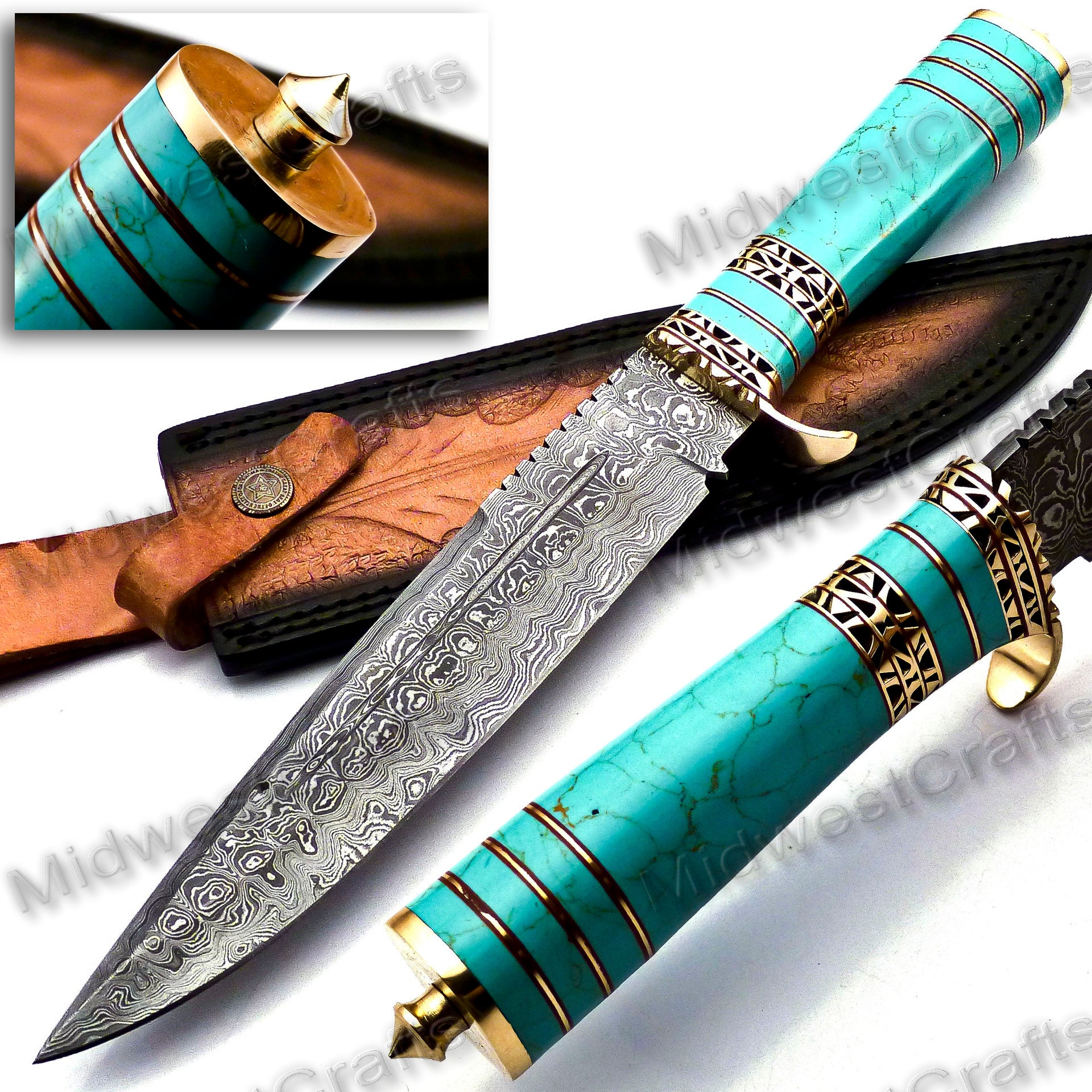 Handmade Damascus Steel 13.00 Inches Bowie Knife - turquoise stone & Bone  Handle