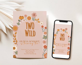 Editable Wildflower Two Wild Birthday Invitation, Floral 2nd Birthday Party Invite, Digital Boho Girl Invitation, Corjl, Instant Download