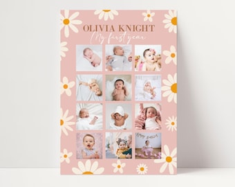 May include: A pink poster with a daisy pattern and a collage of photos of a baby girl. The poster says "Olivia Knight My First Year" at the top.