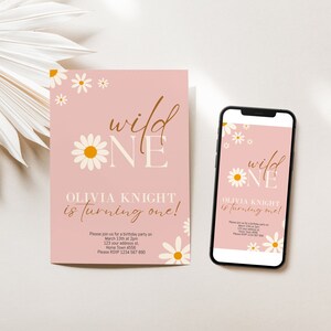 Editable Daisy Wild One Birthday Invitation, Baby Girl Invite, Text Invitation, Electronic Digital Invitation, 1st Birthday Invitation