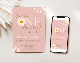 May include: Pink and white birthday invitation with a daisy design and the text "Isn't she one derful!" and "Olivia Knight is turning one!"