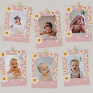 Cartes photo mensuelles modifiables pour le premier anniversaire d'une marguerite 5 x 7, bannière d'anniversaire de bébé fille, bannière de chaise haute déco 1er anniversaire Corjl imprimable