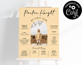 May include: A yellow and white printable poster with the text "Parker Knight My First Year" and a photo of a young girl. The poster includes information about the child's age, weight, height, nickname, teeth, and favorite things.