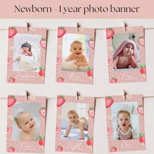 Cartes-photos mensuelles modifiables aux fraises 5 x 7, bannière d'anniversaire de petite fille, 1er anniversaire déco chaise haute bannière imprimable Corjl