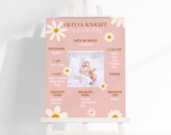May include: A pink and white first birthday poster with a daisy theme. The poster features a photo of a baby, the baby's name Olivia Knight, the date of birth 12/06/2023, and details about the baby's milestones, including nickname, height, weight, what the baby can say, and favorite things.