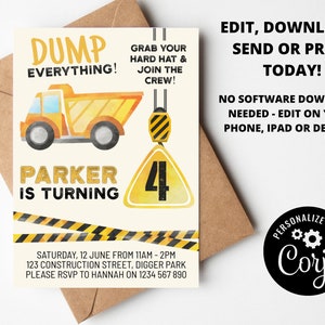 Editable Instant Download | Construction Boy Party Printable | Construction Birthday Party | Printable DIY | Personalized Invitation