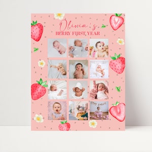 Collage photo modifiable de fraises pour la première année, cadre bébé première année, affiche de premier anniversaire de baies, modèle personnalisable, photo de 12 mois