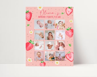 Strawberry First Birthday Photo Collage, Customizable Template (Digital Download)