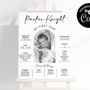 Editable Minimalist First Birthday Photo Milestone Board Template, First Birthday Milestone Board Customizable Template